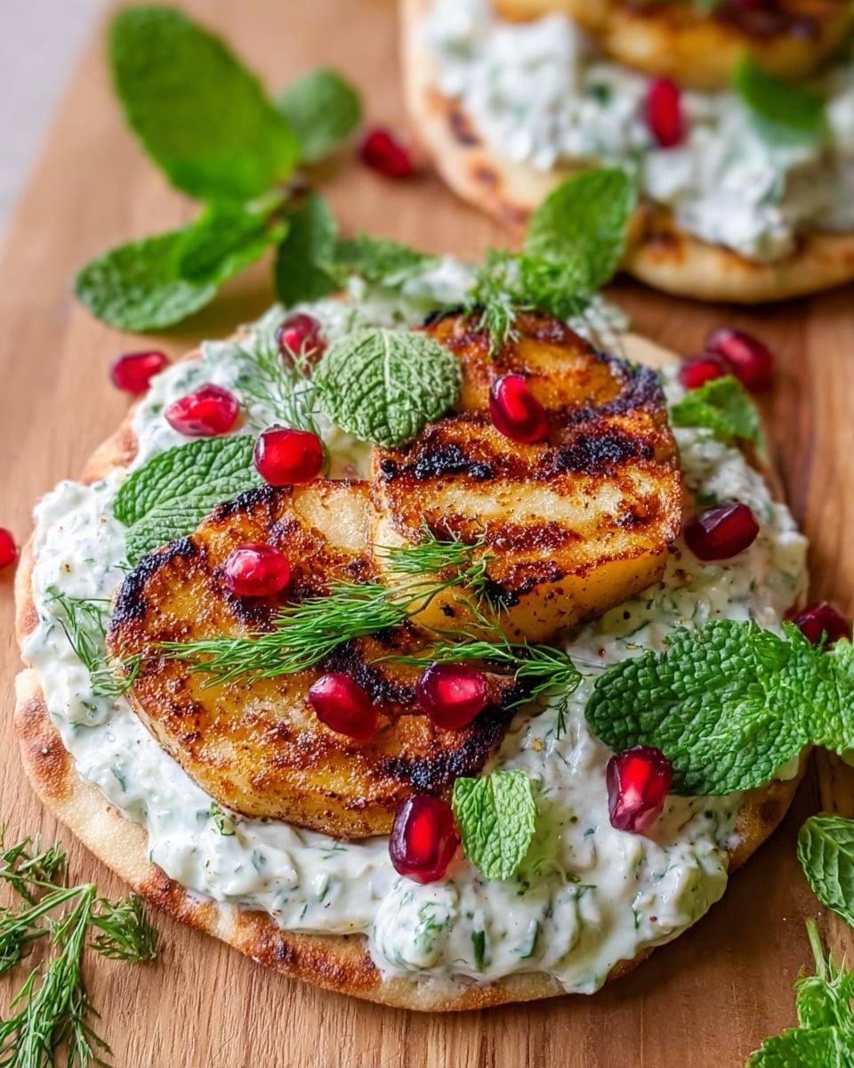 A close-up view of a small flat round bread base topped with a thick layer of white creamy sauce mixed with green herb bits. On top, there are two thick golden brown grilled slices with a slight char, placed side by side. Bright red pomegranate seeds are scattered over the grilled slices, adding a pop of color. Fresh green leaves of mint, parsley, and dill are placed on and around the flatbread, creating a fresh look. The flatbread sits on a wooden surface. photo taken with an iphone --ar 4:5 --v 7