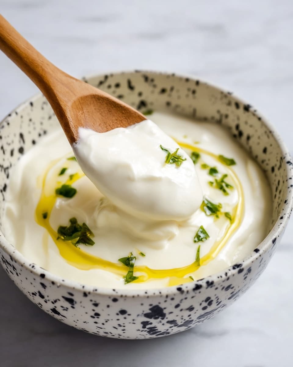 A close-up view of a white bowl with black speckles, filled with a thick, creamy white yogurt-like dish. On top are small green herb pieces scattered in the center with a light drizzle of golden yellow oil creating a swirl pattern. A wooden spoon is lifting a scoop of the creamy dish, showing its smooth and dense texture. The background is a white marbled surface. Photo taken with an iphone --ar 4:5 --v 7