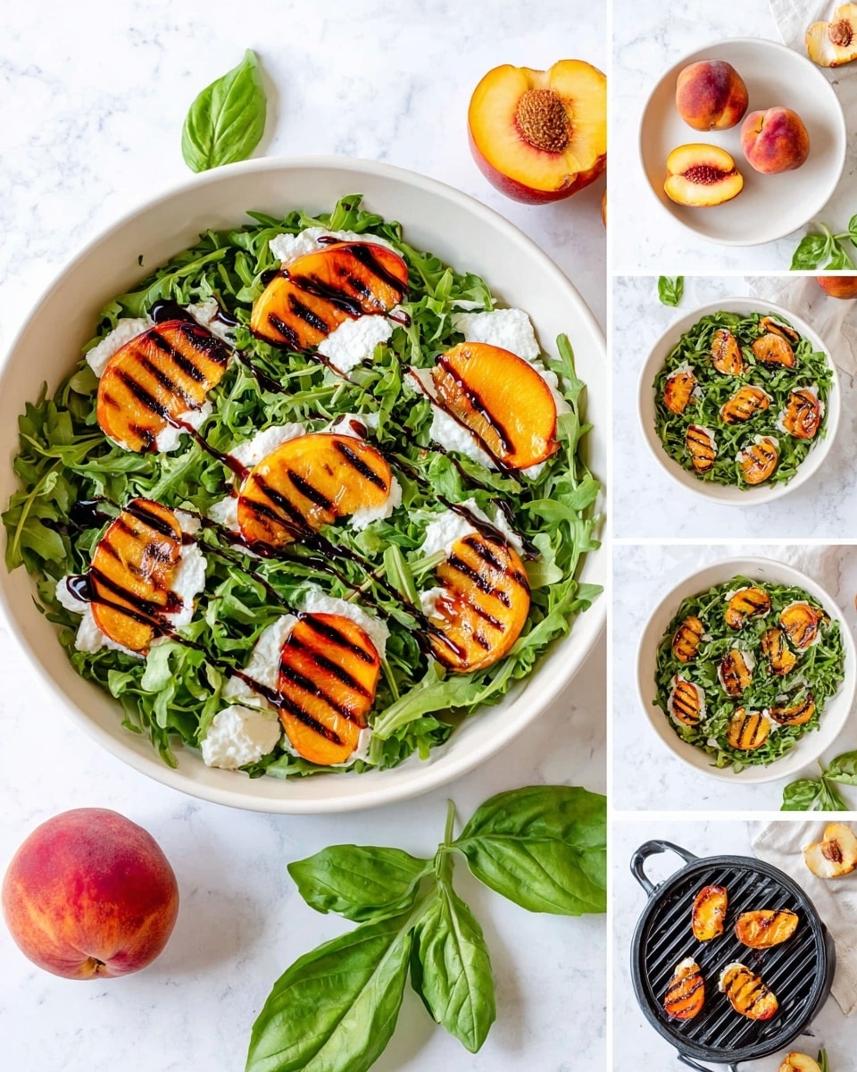 The image shows a fresh salad in a white round bowl placed on a white marbled surface. The salad has a green base of arugula leaves, with several bright orange grilled peach slices evenly spread on top. There are dollops of white creamy cheese placed in different spots on the salad, each drizzled with dark balsamic glaze streaks. Around the bowl, there are fresh green basil leaves and a whole peach cut open, hinting at the ingredients used. The colors are bright and fresh, with the salad arranged to look light and appetizing. Photo taken with an iphone --ar 4:5 --v 7