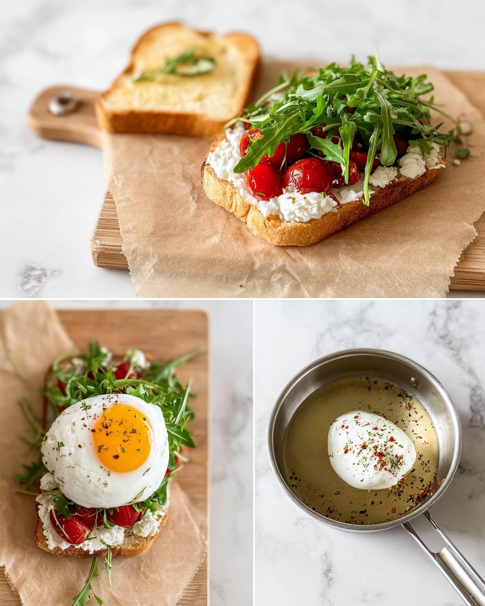 The image shows a toasted sandwich on a piece of light brown parchment paper on a wooden board, placed on a white marbled surface. The sandwich has two slices of light golden toasted bread, with one slice topped with a layer of fresh green arugula leaves, bright red cherry tomatoes, white cottage cheese, and a perfectly poached white egg sprinkled with dried herbs. The other toasted slice is plain and placed diagonally above the open sandwich. The light and fresh ingredients create a colorful and inviting look. Photo taken with an iphone --ar 4:5 --v 7