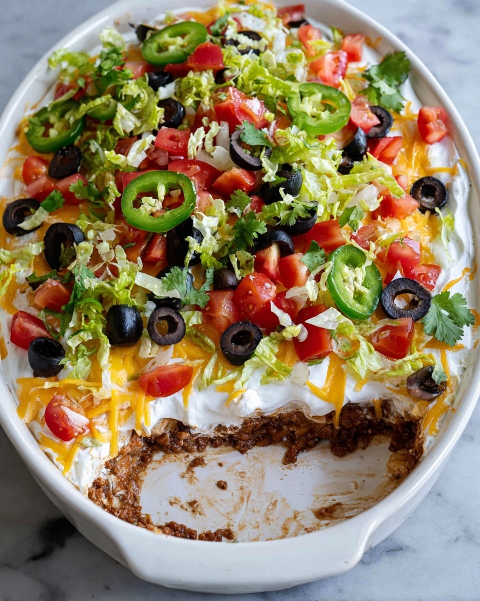 A white oval dish holds a layered taco dip. The bottom layer is a brown bean or meat mix which is partially scooped out. Above it is a thick white sour cream or creamy layer, spread evenly. On top, there is a colorful mix of chopped tomatoes, sliced black olives, shredded yellow and white cheese, shredded lettuce, slices of green jalapeño, and green cilantro leaves, scattered across the top. The dish sits on a white marbled surface. photo taken with an iphone --ar 4:5 --v 7