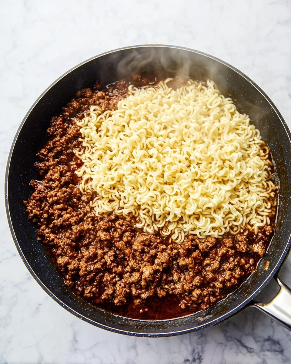 A black pan sits on a white marbled surface, filled with two main layers of food. The bottom layer consists of cooked ground meat in a dark reddish-brown sauce that looks thick and slightly shiny. On top, there's a heap of pale yellow cooked ramen noodles with a soft and curly texture. Light steam rises gently from the pan, showing the food is hot. Photo taken with an iphone --ar 4:5 --v 7