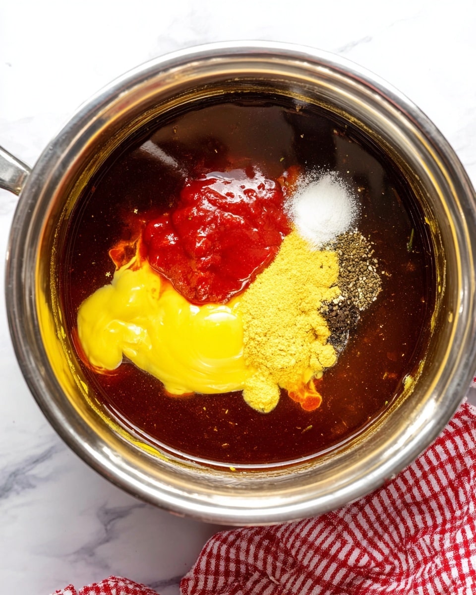 Inside a shiny silver pot, there is a mix of several sauce ingredients. The base is a dark brown liquid with a smooth surface, layered with a bright red dollop at the top center, a thick layer of yellow mustard below that, a small sprinkle of white powder, and a patch of black pepper on the lower right side. The pot is placed on a white marbled surface and a red and white checkered cloth is seen partly underneath. Photo taken with an iphone --ar 4:5 --v 7