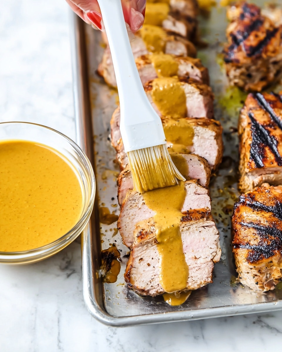 The image shows sliced grilled meat with a light pink inside and golden-brown grilled outside arranged in a row on a metal tray. A woman's hand holds a white brush, spreading thick, smooth golden sauce over the meat. Next to the meat, there is a clear glass bowl filled with the same golden sauce. The background is a white marbled texture. photo taken with an iphone --ar 4:5 --v 7