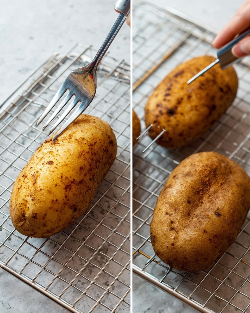 The image shows two baked potatoes on a silver wire cooling rack placed on a white marbled surface. On the left side, a fork held by a woman's hand pokes into one potato, revealing its light brown skin with darker specks. The other two potatoes sit nearby with similar brown textures. On the right side, a thermometer probe is inserted into a potato, showing a rough, browned skin with small indentations. The scene emphasizes the texture and cooking process of the potatoes. photo taken with an iphone --ar 4:5 --v 7