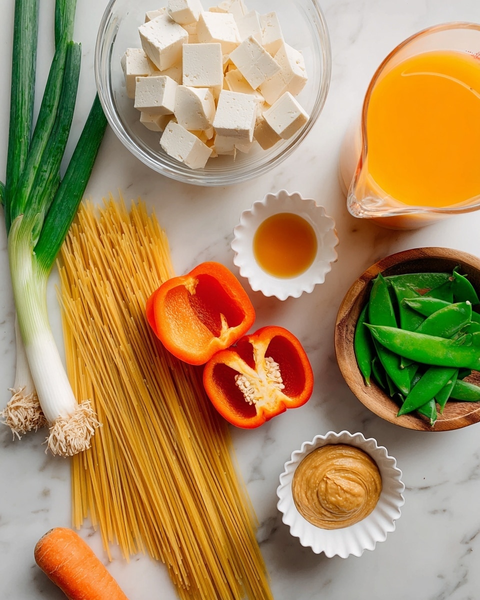 A bunch of uncooked spaghetti noodles lie in the middle on a white marbled surface. To the left of the noodles, there are four green onions with white bulbs at the bottom, a whole orange carrot, and two halves of a bright orange-red bell pepper with seeds showing inside. Above the noodles, there is a clear glass bowl filled with light white tofu cubes. Beside the tofu on the top right, a small white scalloped bowl contains amber-colored liquid. Near the bottom right, a small clear bowl is filled with a smooth tan paste. Behind this bowl, a large clear measuring cup is filled with bright orange liquid. To the right of the noodles, a small wooden bowl is full of fresh green snow peas. Below the peas, a piece of fresh brown ginger root rests on the white marbled surface. photo taken with an iphone --ar 4:5 --v 7