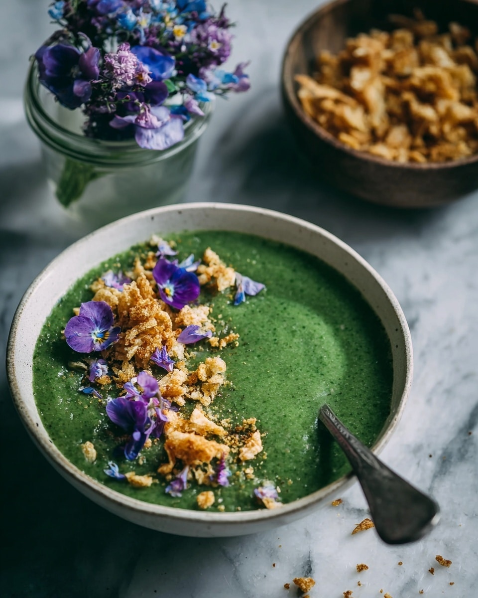 The image shows a bowl of thick green soup with a smooth texture filling the bowl almost to the edge. On top of the soup, there are golden-brown crispy crumbles scattered mainly on one side, and small purple and light blue edible flowers placed neatly among the crumbles. A silver spoon rests inside the bowl with its handle pointing outwards. In the background, there is a bowl of similar crispy crumbles and a small glass jar filled with purple and light blue flowers, all set on a white marbled surface. The photo taken with an iphone --ar 4:5 --v 7
