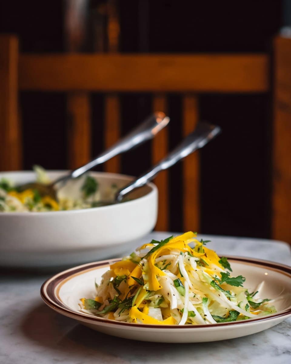 The image shows a small serving of a fresh salad on a white plate with a brown rim. The salad has two main layers: the bottom layer is thin white and pale green strips that look soft and crunchy, while the top layer is made of bright yellow strips mixed with fresh green herbs, adding color and texture. Behind the plate, there is a white bowl with the same salad, slightly out of focus, with two metal serving spoons resting inside it. The setting is on a white marbled surface, and the background is dark with wooden chair legs visible, giving a cozy feel. photo taken with an iphone --ar 4:5 --v 7