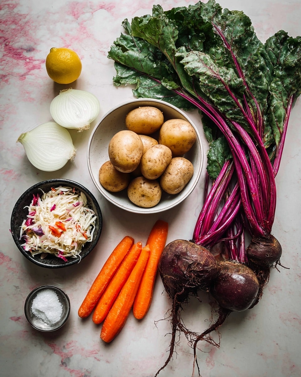 The image shows fresh ingredients on a white marbled surface: three whole beets with bright purple stems and dark green leaves on the right with earthy brown roots, a white bowl in the center filled with six small brown potatoes, three bright orange carrots placed diagonally below the bowl, and two halves of white onion, one near the top left and one near the bottom center. A small round bowl filled with white salt is near the top left, and a small black bowl with shredded cabbage mixed with bits of red and orange sits near the bottom left. There is also a lemon half near the left center and a small round silver dish near the bottom right. photo taken with an iphone --ar 4:5 --v 7