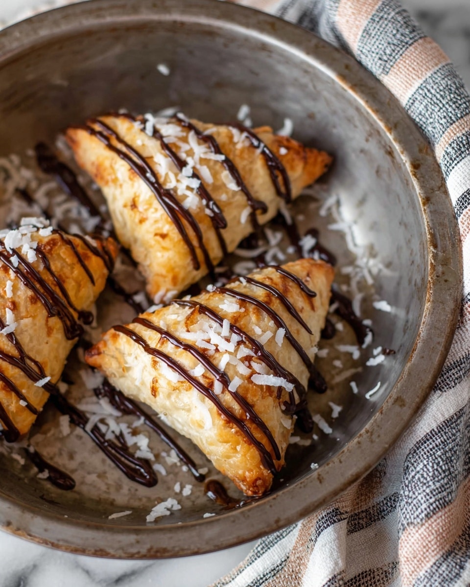 The image shows three golden-brown triangular pastries placed inside a round metal bowl with a slightly rustic feel. Each pastry is topped with thin drizzles of dark chocolate sauce arranged in parallel lines, and small white coconut flakes are scattered around, both on the pastries and in the bowl. The background features a white marbled texture surface with a striped cloth partially visible near the bowl. The overall scene is warm and inviting, showing a close-up view of this simple dessert arrangement photo taken with an iphone --ar 4:5 --v 7
