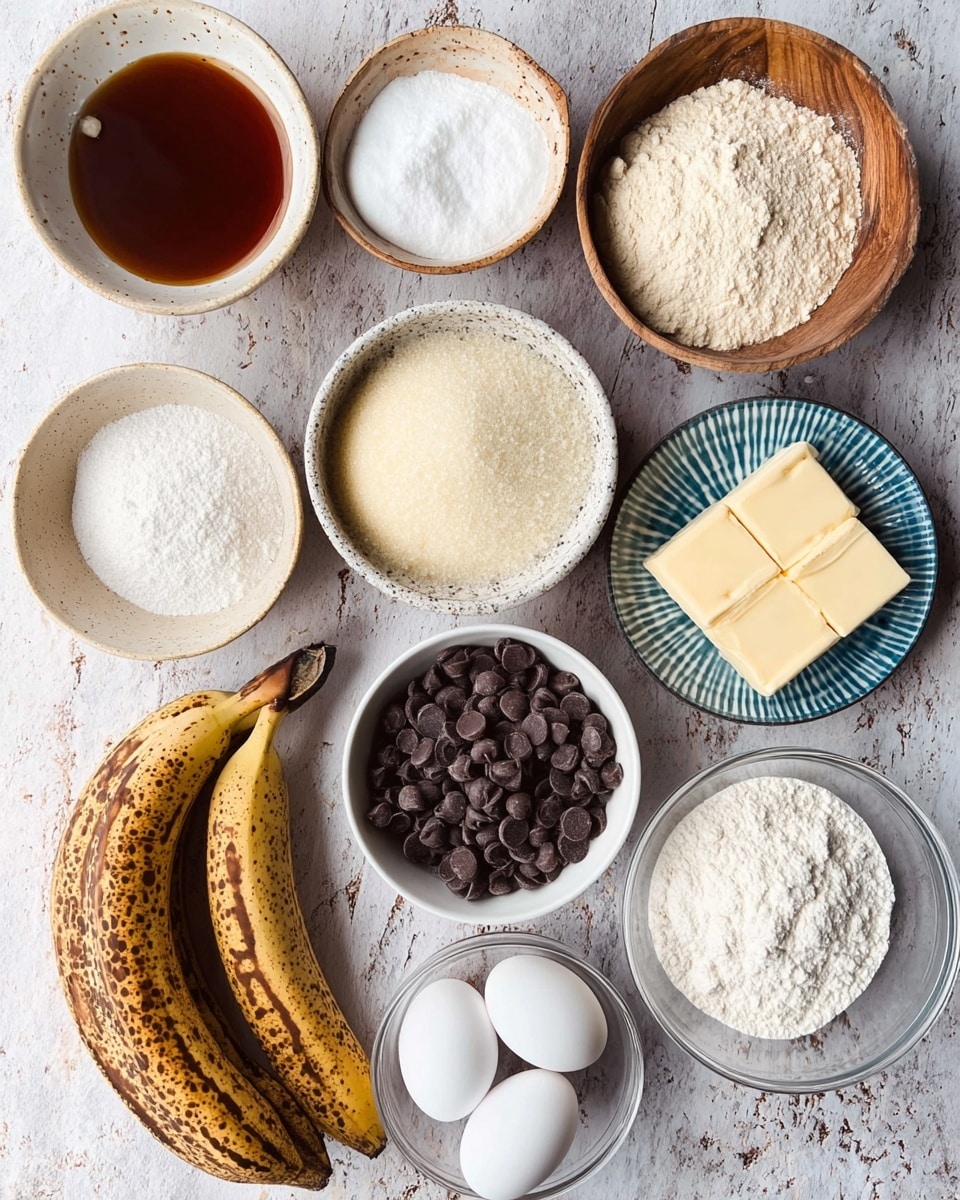 The image shows eleven small bowls and plates arranged on a white marbled textured surface, each holding a different baking ingredient. From top left, a bowl with brown syrup, a wooden bowl with white baking soda, and a speckled bowl with white sugar. Below, a white bowl with almond flour, a smaller white bowl with flour, and a blue and white patterned plate holding two square pieces of butter. In the center, a small white bowl full of dark chocolate chips. Near the bottom, two white eggs on a clear glass dish, a clear glass bowl with white powdered sugar, and a white bowl filled with flour. At the bottom left, two ripe brown spotted bananas lie across the surface. Photo taken with an iphone --ar 4:5 --v 7