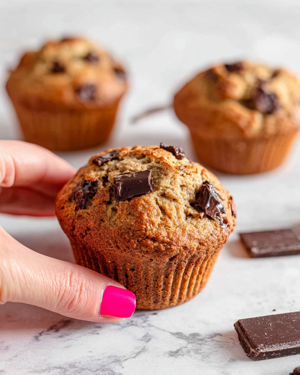 A close-up of a golden-brown muffin with dark chocolate chunks on top, held by a woman's hand with bright pink nail polish. The muffin has a textured, slightly cracked surface with chocolate pieces embedded in the top and sides. In the background, two more similar muffins are placed on a white marbled surface, along with a few scattered chocolate pieces around. The overall setting is bright and clean, highlighting the muffins and hand sharply. photo taken with an iphone --ar 4:5 --v 7