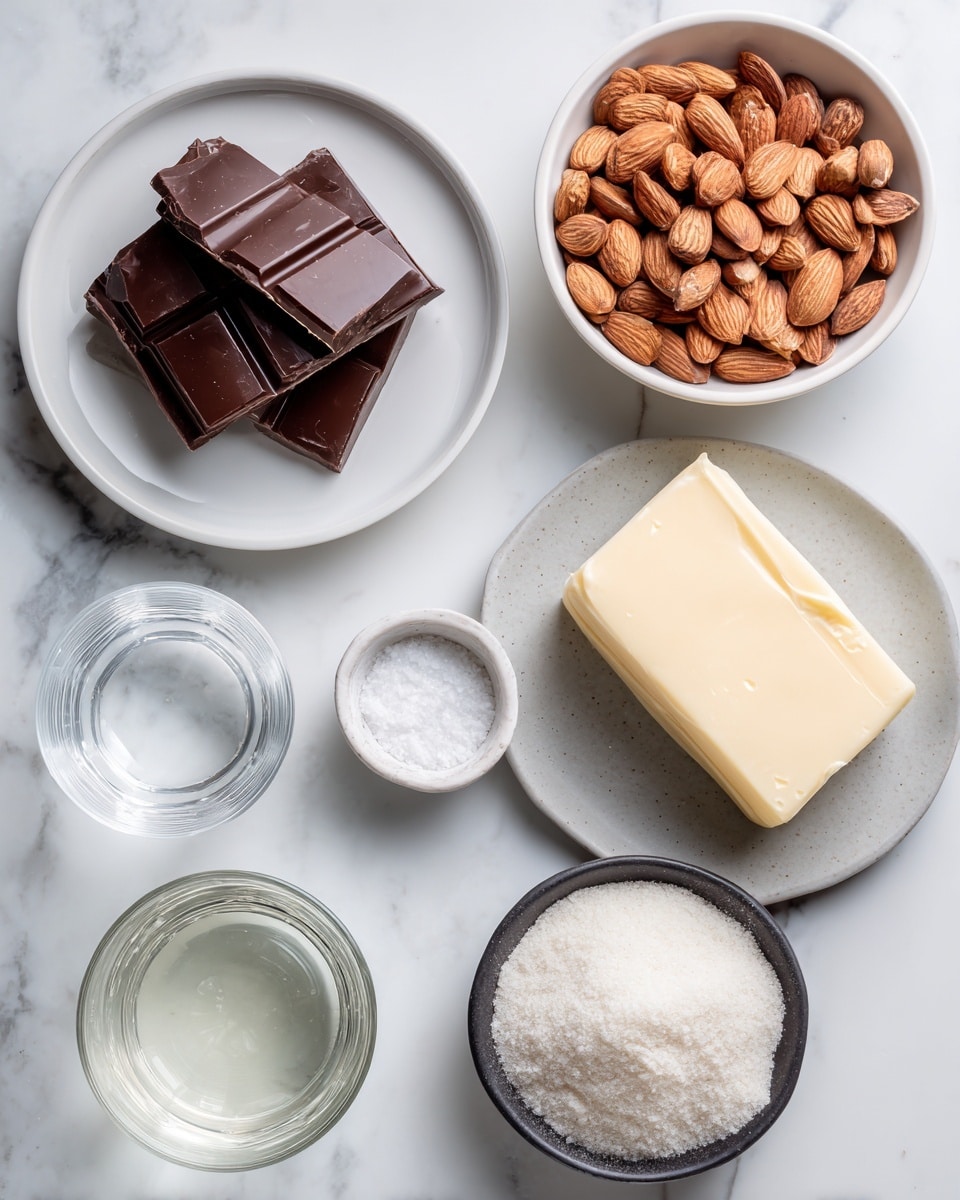 The image shows six white plates and bowls arranged on a white marbled surface with various baking ingredients. In the top left, a white plate holds dark brown chocolate bars stacked unevenly. Slightly to the right, a white bowl is filled with whole, light brown almonds. In the top right, a white plate contains a rectangular block of pale yellow butter. Below, a gray bowl full of white granulated sugar is placed slightly to the right. On the left bottom corner, a small white bowl holds a clear liquid, while next to it, a transparent glass with water is visible. Finally, a small round dark glass bowl filled with a fine white powder, likely salt, is centered at the bottom. photo taken with an iphone --ar 4:5 --v 7