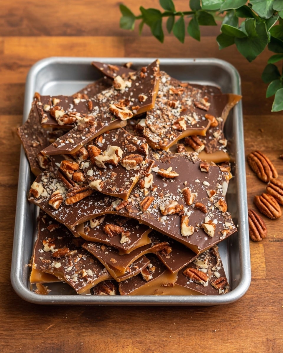 This image shows a metal tray filled with broken pieces of a layered candy bark. The bottom layer is light brown caramel with a smooth texture, the middle layer is dark brown chocolate with a glossy finish, and the top layer is covered with unevenly chopped pecans scattered all over. The candy pieces vary in size and shape, some stacked slightly on top of others. The tray sits on a wooden surface with a green leafy plant partially visible in the top right corner. Photo taken with an iphone --ar 4:5 --v 7