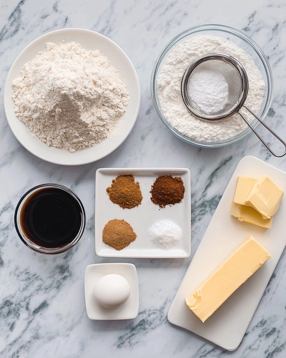 The image shows various baking ingredients arranged neatly on a white marbled surface. There is a white plate with powdered sugar and a metal sifter placed on top, a clear glass bowl filled with white flour, and a small white rectangular plate holding several spices in three small piles—light brown, medium brown, and dark brown—along with white baking soda and a dollop of white substance. A small glass bowl filled with dark brown liquid, likely molasses, sits below the flour. Near the top right, a white cutting board holds a stick of light yellow butter, a smaller piece of butter, and a white egg. All items are clearly visible with good lighting, and the setting looks clean and organized. Photo taken with an iphone --ar 4:5 --v 7