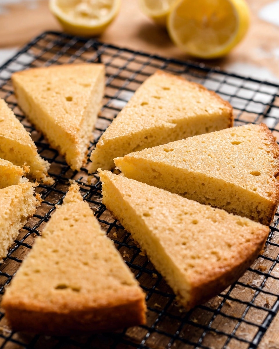 The image shows a round, light golden-brown cake cut into six triangular pieces, placed on a black cooling rack. The texture of the cake looks soft and slightly spongy with small holes visible across the surface. In the background, there are two halves of a yellow lemon placed on a wooden surface, which is changed to a white marbled texture. The focus is on the cake, with one piece slightly pulled out from the rest. Photo taken with an iphone --ar 4:5 --v 7