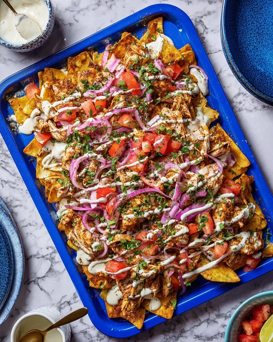 A blue tray filled with a layered dish starting with a base of golden, crispy pita chips. On top, there are pieces of cooked chicken seasoned with spices, scattered evenly. Over the chicken, thin slices of purple pickled onions and small bright red tomato chunks spread across. The dish is garnished with chopped green herbs and drizzled with a creamy white sauce throughout. The tray sits on a white marbled surface, with parts of a blue plate and a small white bowl with a spoon visible nearby. Photo taken with an iphone --ar 4:5 --v 7