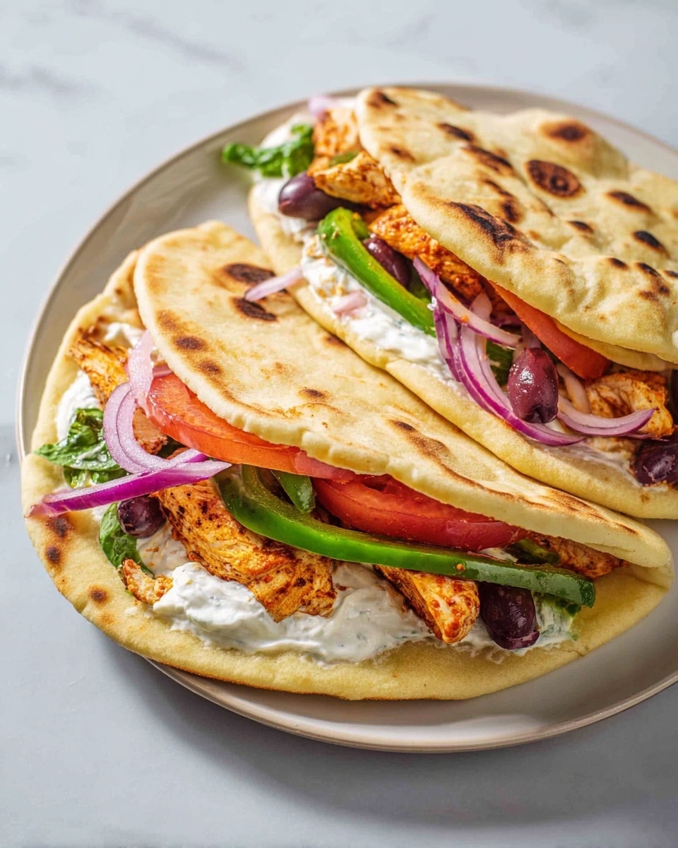 Two folded flatbreads with a golden brown color and small dark spots on top sit on a white plate. Inside each flatbread is a layer of creamy white sauce spread across the base, followed by grilled chicken pieces with a rich, slightly charred orange-brown texture. Thin green pepper strips and slices of red tomato add fresh color above the chicken. Thin slices of purple onion and dark purple olives are layered on top, creating a vibrant mix of colors and textures. The plate is placed on a white marbled surface. photo taken with an iphone --ar 4:5 --v 7