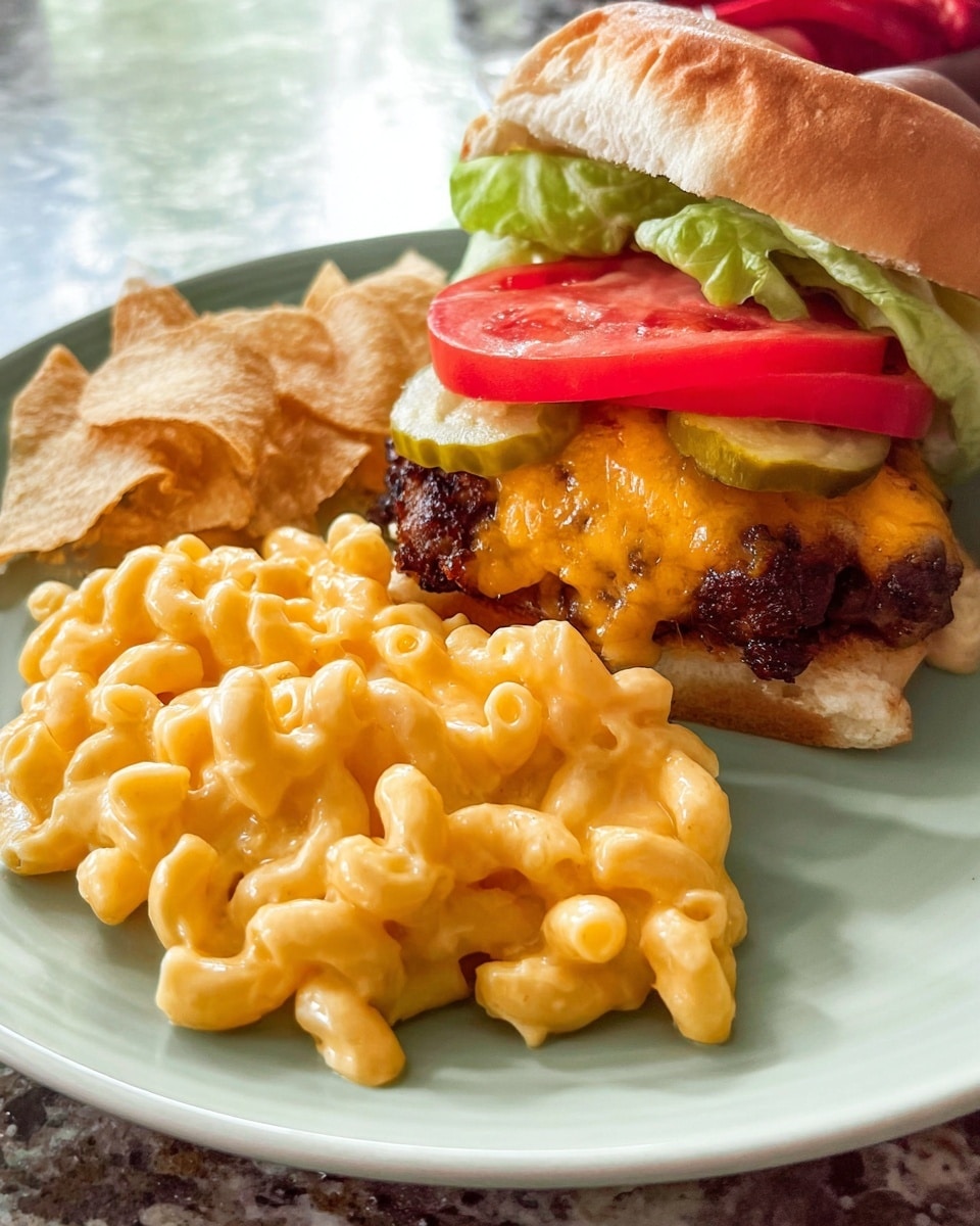 A white plate holds a cheeseburger split open with the top bun showing one large, bright red tomato slice on green lettuce, and the bottom bun showing a thick, dark brown beef patty topped with melted orange cheese, ketchup, and three light green pickle slices. To the side, a small pile of golden brown potato chips is seen. In the foreground, there is a scoop of creamy macaroni and cheese with yellow-orange melted cheddar sauce covering the curved pasta, all resting on a white marbled surface. A fork is placed near the bottom right edge of the plate, and a woman's hand is holding the burger on the right side. Photo taken with an iphone --ar 4:5 --v 7