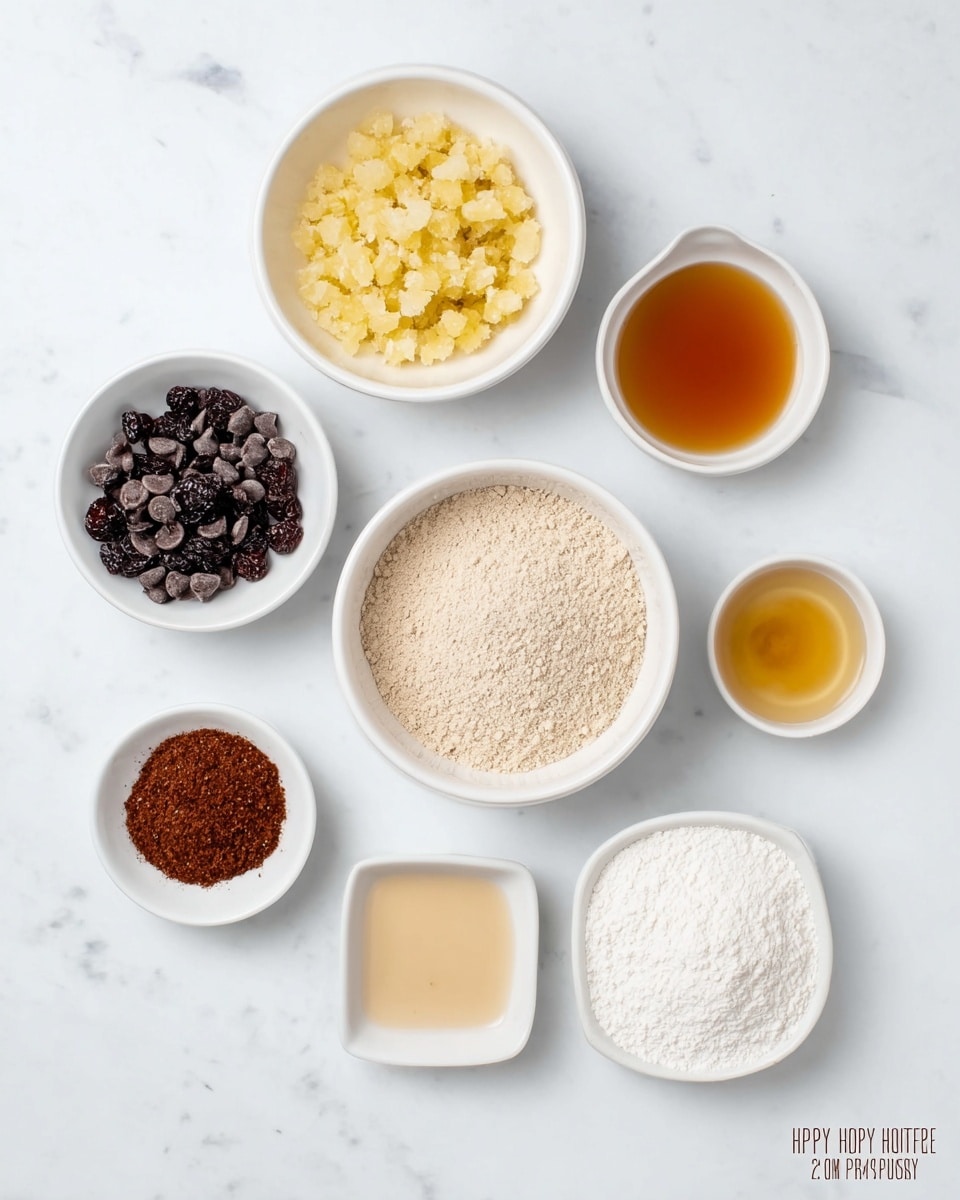 The image shows seven white bowls and dishes arranged on a white marbled surface. In the center is a large round white bowl filled with a light beige powder. Above it, a medium round white bowl holds a chunky light yellow mixture. To the top left, another medium round white bowl is filled with small, dark brown chocolate chips. Next to it on the left side is a small round white bowl containing dark dried berries. To the top right of the center, a medium round white bowl contains a translucent amber liquid. Below that, a small round white bowl holds a reddish-brown powder. At the bottom left, a small square white dish contains light tan liquid, and to the right of it, another small square white dish carries a white powder. The arrangement is spacious and neat, with the bowls showing clear texture and color differences among the ingredients. photo taken with an iphone --ar 4:5 --v 7