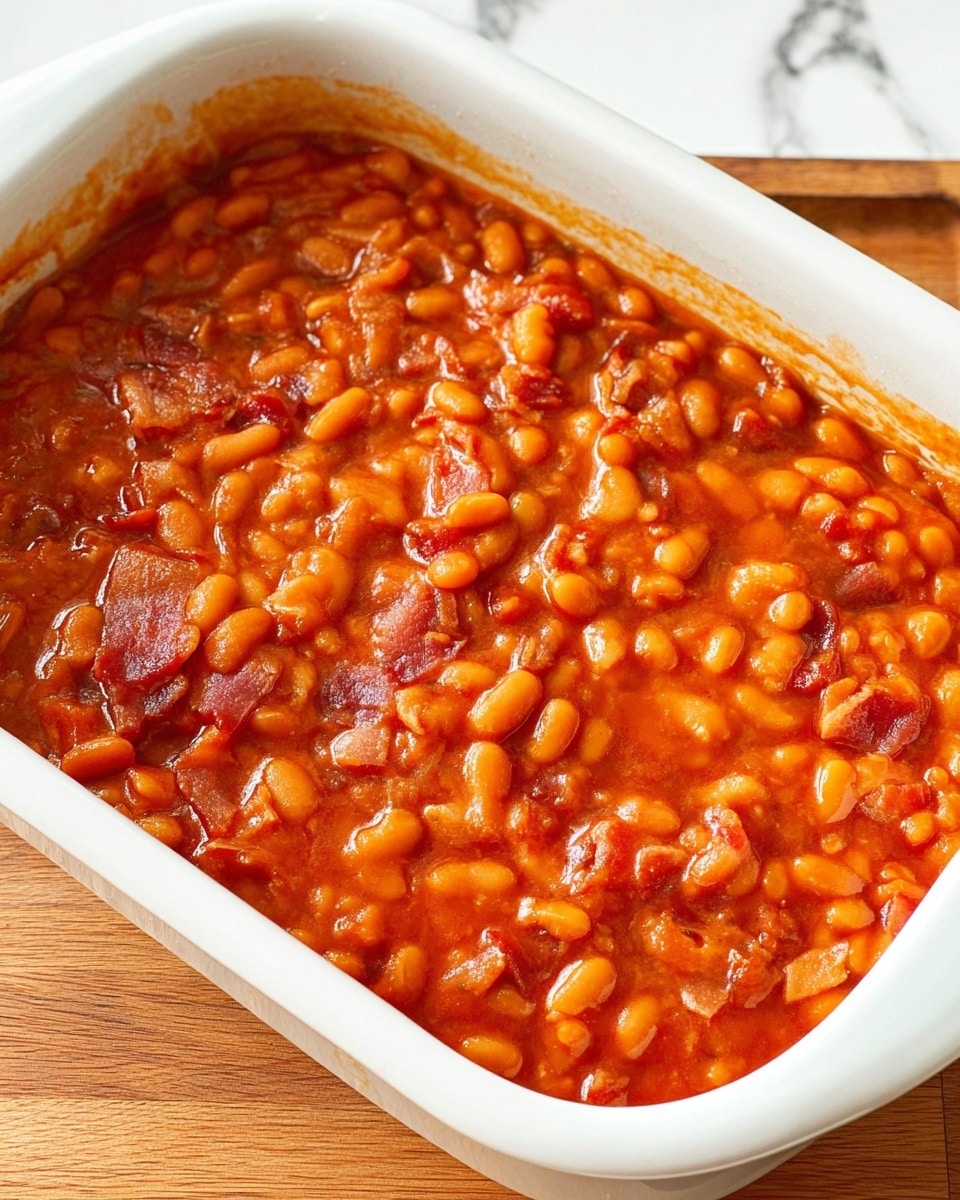 The image shows a close-up of baked beans in a white rectangular ceramic baking dish. The dish is filled with a thick layer of beans covered in a rich orange-red tomato sauce. Mixed within the beans are small pieces of cooked bacon, visible as light brown and reddish chunks scattered through the beans. The surface of the beans looks glossy with some bubbling, indicating warmth. The dish sits on a wooden table, but the background is replaced with a white marbled texture. Photo taken with an iphone --ar 4:5 --v 7