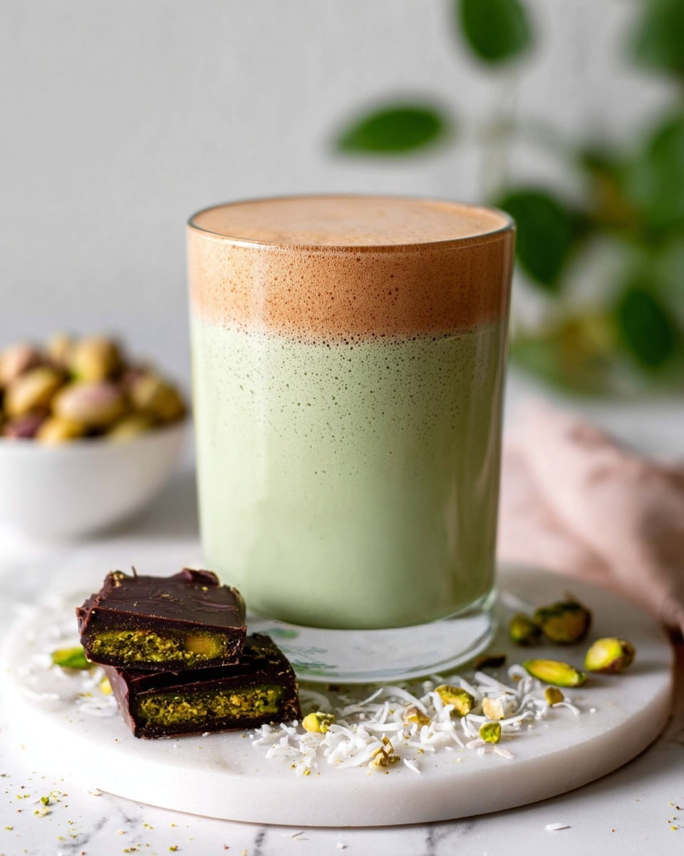 A clear glass filled with two layered drink: the bottom layer is light green with a smooth, slightly foamy texture, while the top layer is light brown and creamy with a frothy surface, separated by a soft, blended line. The glass sits on a round white marble board scattered with pistachio nuts, shredded coconut, and two pieces of dark chocolate with a green filling inside. There is a small white bowl of nuts in the blurred background along with some green leaves, all placed on a white marbled surface. Photo taken with an iphone --ar 4:5 --v 7
