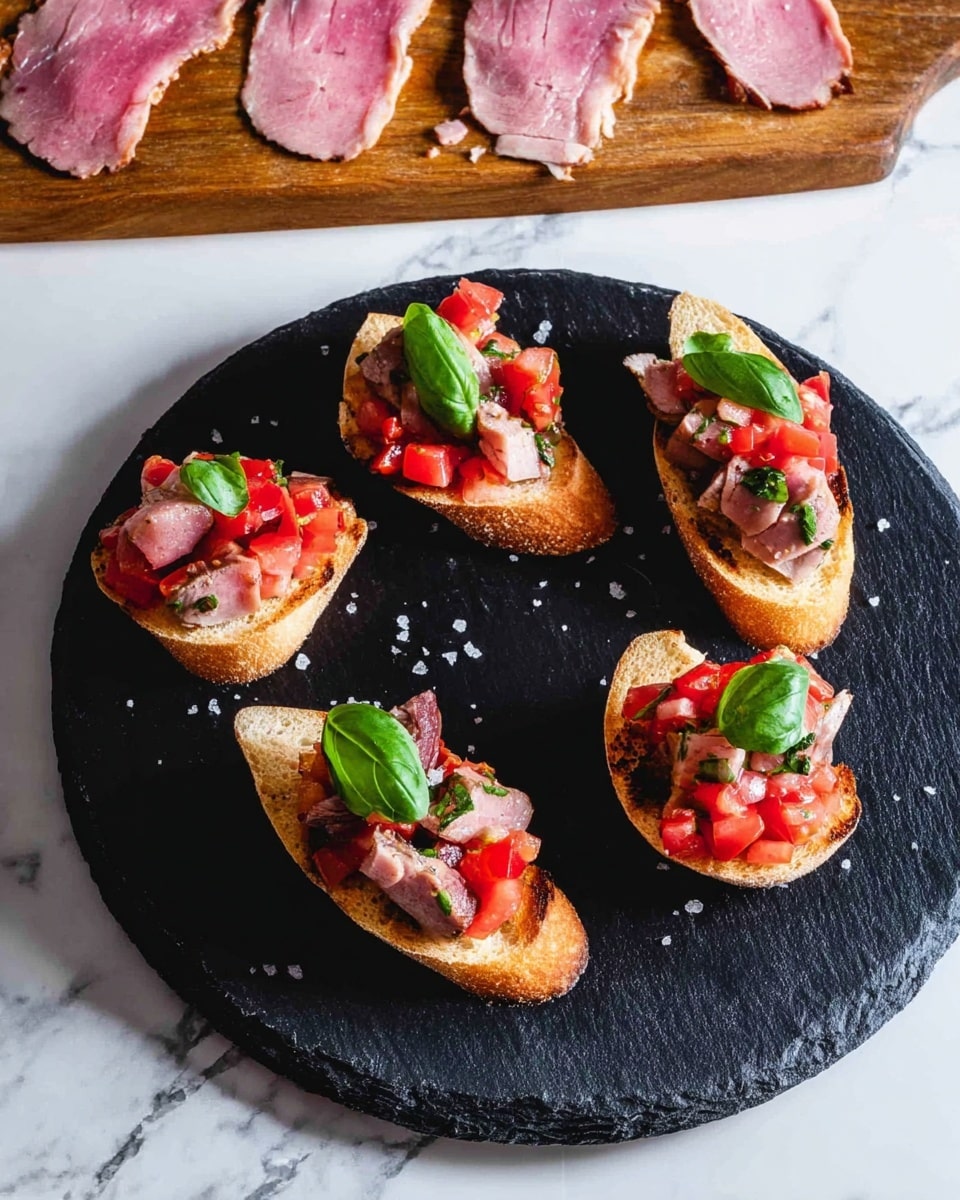 There are five pieces of toasted bread with a light golden top layer, arranged in a circle on a round black stone plate. Each piece has a layer of diced red tomatoes and small chunks of pink meat with a slightly browned edge. On the top, there is a small fresh green basil leaf on each piece. The stone plate is on a white marbled surface, and below it is a wooden cutting board with four slices of pink meat with a browned edge. Photo taken with an iphone --ar 4:5 --v 7
