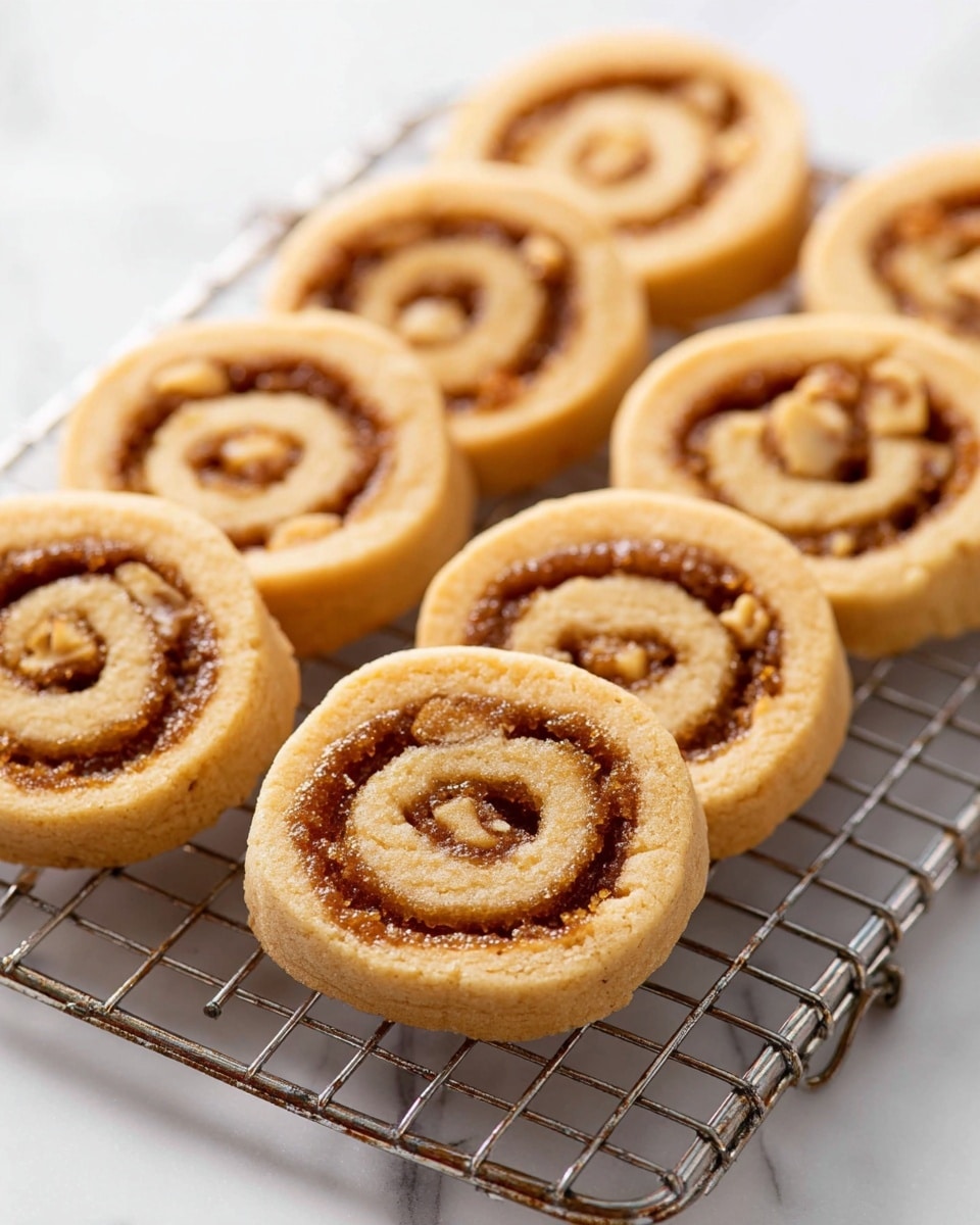 The image shows a group of golden brown pinwheel cookies with a visible swirl pattern made of two layers: a light, smooth cookie dough layer on the outside and a darker, textured filling layer inside that looks like a nutty or caramel mixture. The cookies are arranged in two neat rows on a metal cooling rack, which sits on a white marbled surface. The cookies have a crisp, slightly cracked surface, and the swirl reveals small nut pieces embedded in the filling. Photo taken with an iphone --ar 4:5 --v 7