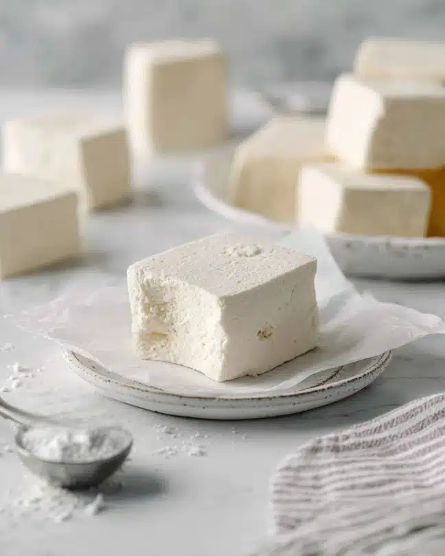 Vegan Marshmallow Recipe 5 A thick square piece of light beige marshmallow with a soft, fluffy texture is placed on a small white ceramic plate with a slightly uneven edge, sitting on a sheet of white parchment paper. The marshmallow has a smooth top with a small bite taken from one side, showing its airy inside. Around it, several other similar marshmallow cubes are scattered on a white marbled surface. A small silver cup filled with white powder is nearby, and part of a striped cloth is visible on the lower right corner. The overall color palette is soft and neutral with a clean, fresh look. photo taken with an iphone --ar 4:5 --v 7