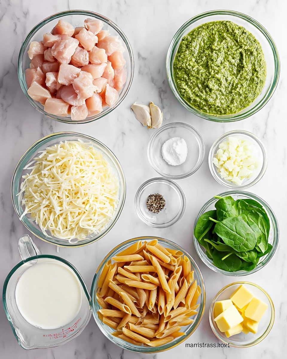 The image shows eight clear glass bowls and a small glass measuring cup arranged on a white marbled surface. The largest bowl at the top left is filled with raw, pale pink diced chicken pieces. Next to it on the right is a bowl with a green, chunky sauce that looks like pesto. Below the chicken is a bowl filled with shredded white cheese, while in the center is another large bowl with dry penne pasta, light brown in color. To the right of the pasta bowl are three smaller bowls stacked vertically: the top one has half white salt and half black pepper, the middle one contains chopped white garlic, and the bottom bowl shows a small amount of raw spinach leaves, dark green and fresh. At the bottom left, a glass measuring cup with white milk and a small bowl with two yellow pats of butter complete the layout. The ingredients are evenly spaced and shown clearly, highlighting their colors and textures. photo taken with an iphone --ar 4:5 --v 7