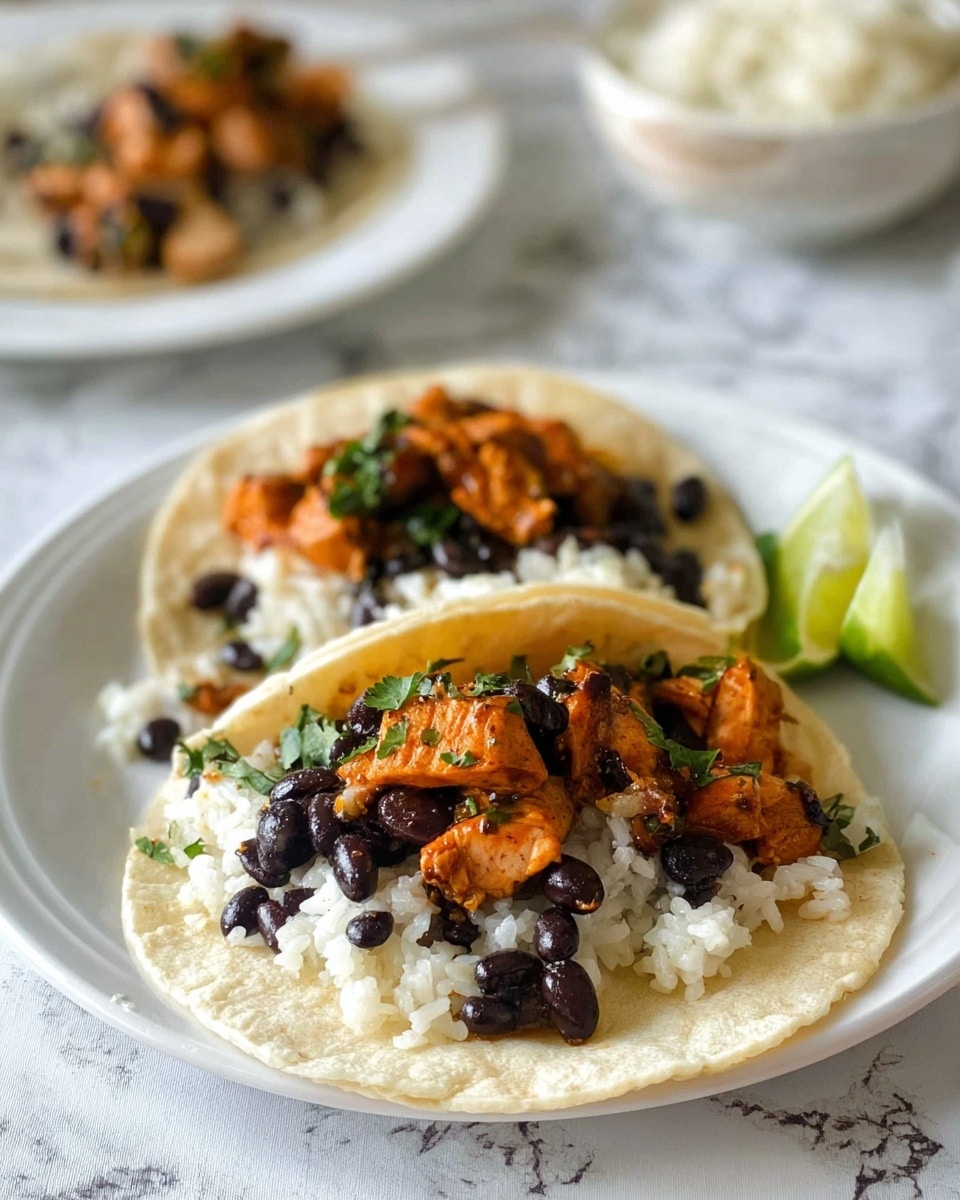 Two soft corn tortillas on a white plate, each filled with a base layer of white rice, topped with black beans scattered unevenly, and pieces of cooked orange-brown chicken mixed with bits of green herbs on top. A wedge of lime sits at the front edge of the plate. The plate rests on a white marbled surface, with a blurred background showing another plate of food and a bowl of rice. Photo taken with an iphone --ar 4:5 --v 7