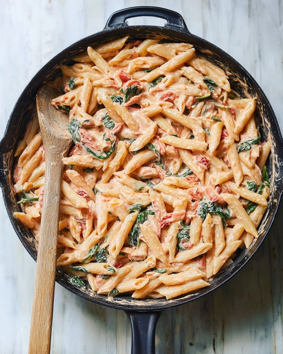 A black pan filled with creamy pasta made of penne noodles, mixed with a pinkish sauce that coats each piece evenly. Visible small chunks of red tomatoes and dark green spinach leaves are mixed throughout the pasta, adding color contrast. A wooden spoon rests on the left side of the pan, partially immersed in the pasta. The pan sits on a white marbled surface. photo taken with an iphone --ar 4:5 --v 7