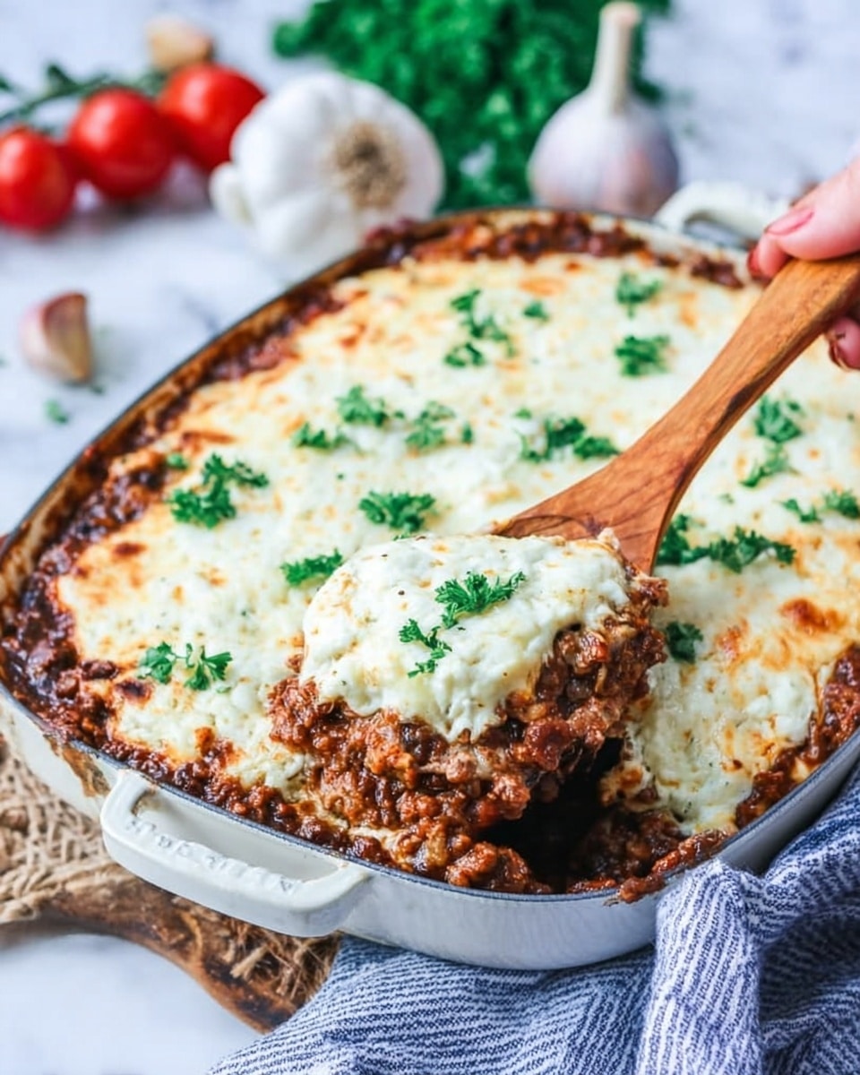 This image shows a white pan filled with a two-layer baked dish. The bottom layer is a rich brown with a thick meat sauce texture, and the top layer is creamy white cheese, melted and slightly browned with golden spots. Fresh green parsley pieces are sprinkled on top, adding a fresh color contrast. A woman's hand using a wooden spoon is scooping a portion from the pan, showing the distinct layers clearly. The background is a white marbled surface with some garlic cloves, cherry tomatoes, and a striped cloth partially visible around the pan. Photo taken with an iphone --ar 4:5 --v 7