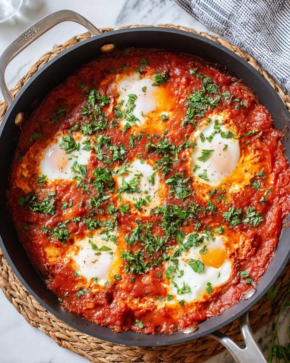 The image shows a black pan filled with a thick red tomato sauce layer that covers the whole pan base. There are six white egg layers cooked just enough to show the white and some yolk hidden underneath the sauce. Bright green chopped herbs are scattered evenly on top of the tomato and eggs, adding a fresh color contrast. The black pan sits on a woven mat placed on a white marbled surface. A striped cloth is partially visible on the top right corner. Photo taken with an iphone --ar 4:5 --v 7