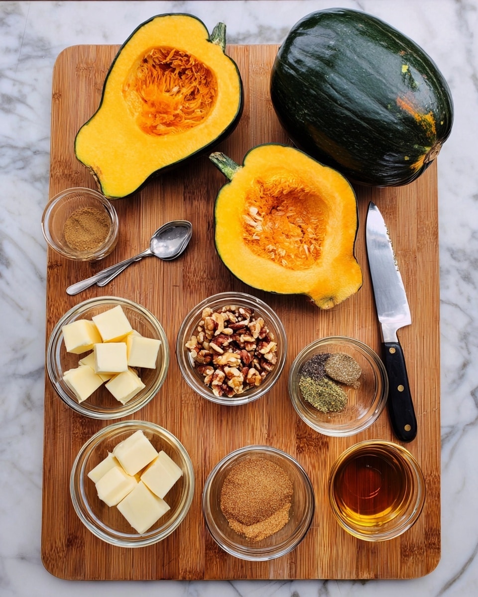 The image shows a wooden cutting board on a white marbled surface with two whole dark green acorn squashes placed on the upper left and right corners. One acorn squash is cut in half, showing a bright orange inside with seeds in the lower left center, and the other half on the right side showing just the orange flesh. A silver spoon lies near the cut acorn squash on the left. Small clear glass bowls are arranged symmetrically on the board, holding cubed butter, light brown sugar, a mix of cinnamon and pepper spices, chopped nuts, golden oil, and dark amber maple syrup. A silver knife with a black handle rests beside the right acorn squash half. photo taken with an iphone --ar 4:5 --v 7