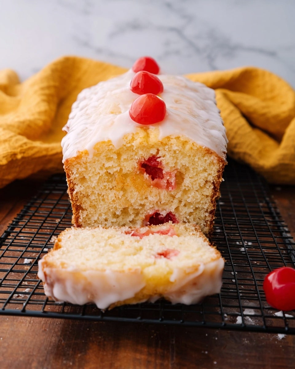 A light cake loaf with a soft, crumbly texture is shown, topped with a smooth white glaze. The cake has a pale yellow inside with visible bright red cherry pieces scattered within the slice and two whole cherries placed on top in the center. The loaf sits on a black wire cooling rack over a dark wooden surface beside a crumpled mustard yellow cloth. The background features a white marbled texture. Photo taken with an iphone --ar 4:5 --v 7