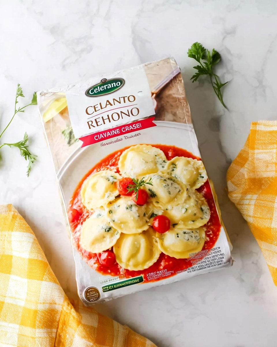 The image shows a white package of Celentano Cheese Ravioli placed on a white marbled surface. The package features a photo of a white plate filled with several yellowish-white ravioli pieces arranged in a circular pattern, filled with a light creamy cheese mixture. The ravioli are set on a bed of bright red tomato sauce, topped with a small green parsley garnish and some cherry tomato halves. To the right side of the package, there is a yellow and white checkered cloth partially visible. The overall look is clean, bright, and inviting. photo taken with an iphone --ar 4:5 --v 7