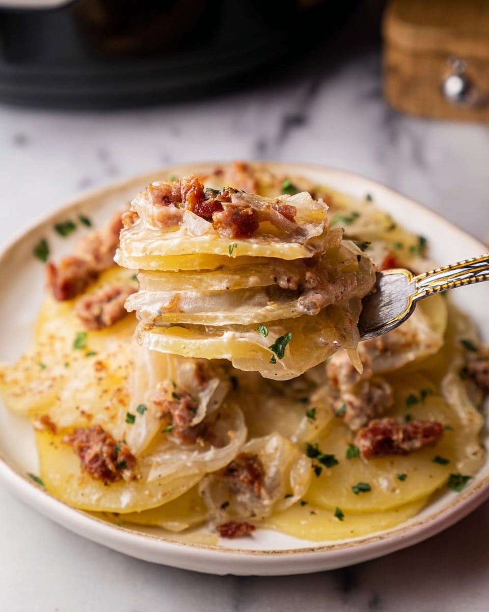 The image shows a white plate filled with a layered potato dish. The bottom layer consists of thin, round golden-yellow potato slices covered by a creamy sauce. On top, there are layers of cooked onions with a soft, slightly translucent texture and bits of browned sausage or meat, giving a reddish color and a rough texture. Small green herb pieces are scattered throughout. A metal fork lifts a portion, showing multiple layers of the potatoes, onions, and meat. The background is a white marbled surface. photo taken with an iphone --ar 4:5 --v 7