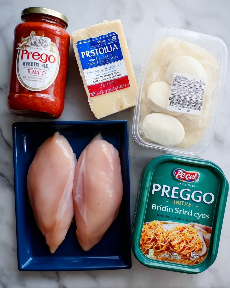 The image shows four main items arranged on a white marbled surface. At the center is a blue tray holding two raw pale pink chicken breasts with smooth texture. To the left, there is a jar of red Prego Traditional tomato sauce with a metal lid and a white label with red and black text. Above the chicken, there are two blocks of cheese: a classic Parmesan cheese block with a white and blue label, and a package of sliced fresh mozzarella with a white and yellow label. To the right, there is a green and white container of Best Choice Italian Style bread crumbs featuring an image of golden bread crumbs on the front. The composition is neat and well-lit, photo taken with an iphone --ar 4:5 --v 7