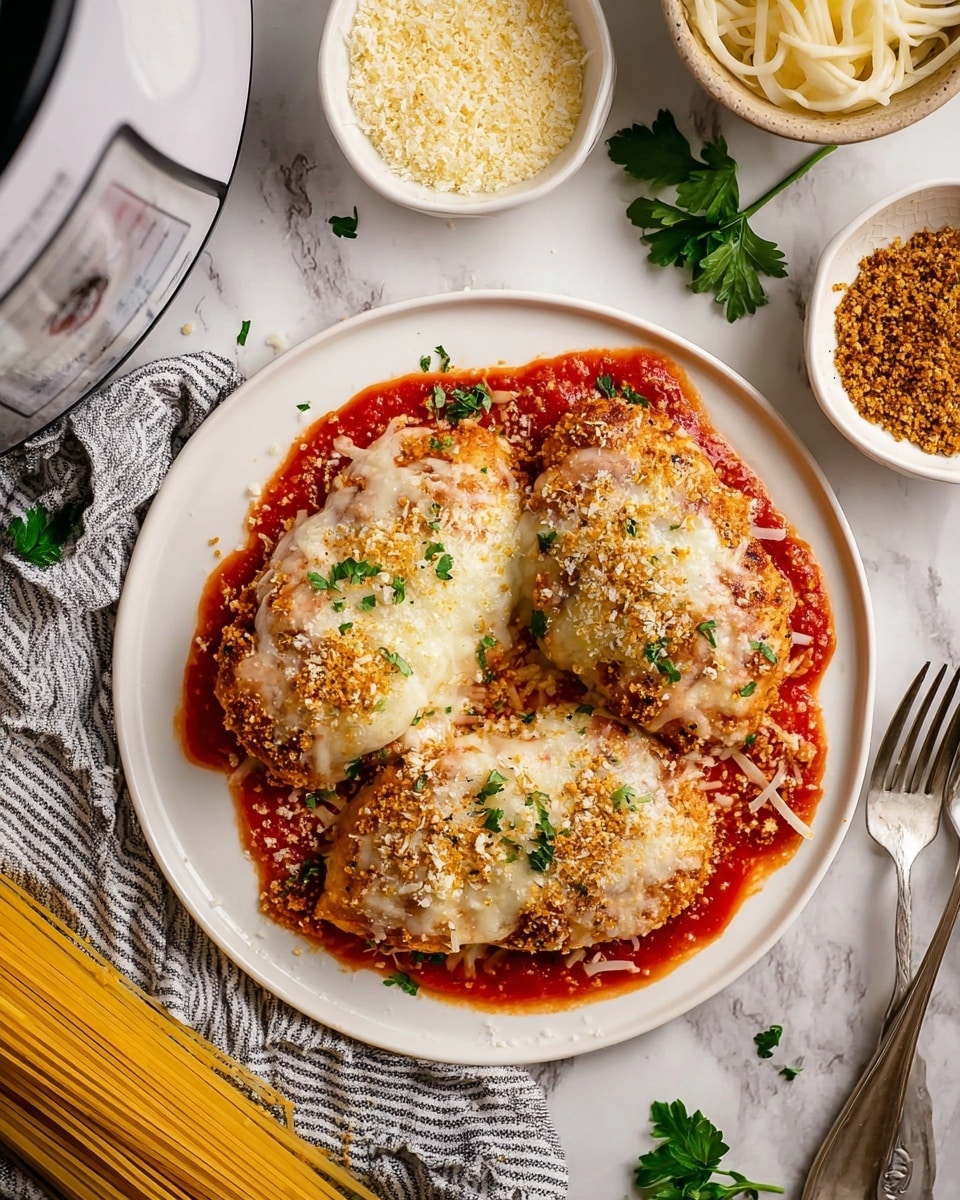 A white plate holds three pieces of chicken covered in melted cheese, sprinkled with grated cheese and golden brown crumbs, and topped with small green parsley leaves. The chicken sits on a layer of bright red tomato sauce that spreads to the edge of the plate. Around the plate, there are small bowls with grated cheese and brown crumbs, a bundle of cooked spaghetti, a fork on a gray and white striped cloth, and a white appliance in the corner. The whole scene rests on a white marbled surface. photo taken with an iphone --ar 4:5 --v 7