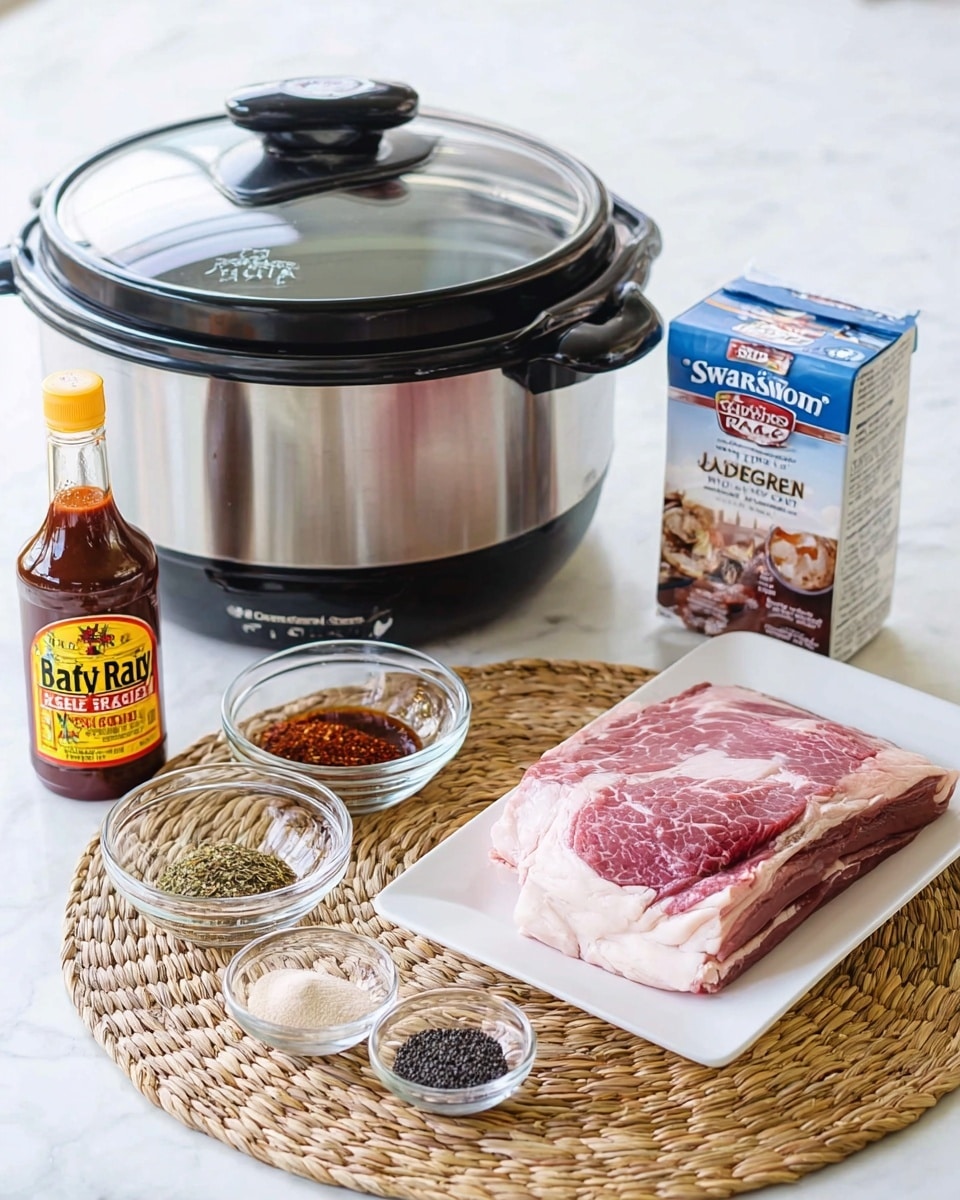 The image shows a silver crockpot with a black lid and black side handles placed on a white marbled surface. In front of it, there is a white rectangular plate with a large piece of raw meat that has a layer of white fat on top. Next to the plate, there is a bottle of Sweet Baby Ray's barbecue sauce with a white cap and a mainly brown label with yellow and red text. Nearby, two small clear glass bowls hold different spices: one bowl contains a mix of red, green, white, and black powders, while the other bowl holds light brown granules. To the right, a carton of Swanson beef broth with blue and brown details stands upright. Everything rests on a round woven straw mat. Photo taken with an iphone --ar 4:5 --v 7