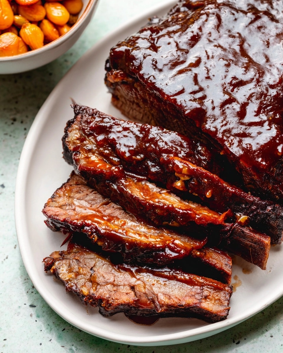A white plate holds a large piece of dark brown meat covered in a shiny, thick sauce. Next to it are several slices of the same meat, showing juicy, tender layers with some fat edges, also glazed in the rich sauce. The meat has a textured, slightly rough surface with a glossy finish, sitting on a background of white marbled texture. Part of a bowl with round orange cooked vegetables is visible in the corner. Photo taken with an iphone --ar 4:5 --v 7
