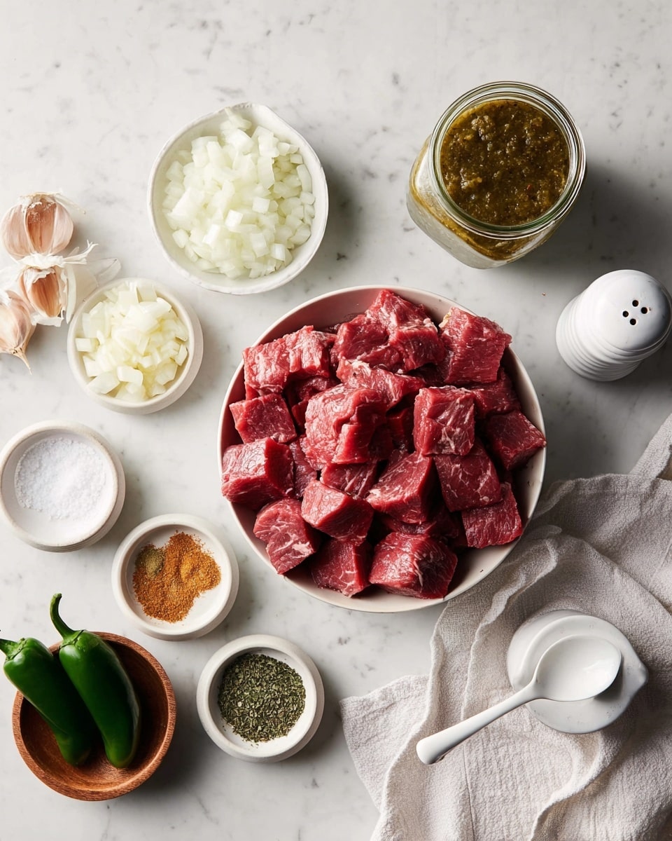 A white bowl filled with many raw cubes of red meat sits in the center, surrounded by several small white bowls and dishes on a white marbled surface. To the left, a white bowl holds chopped white onions, with two small bowls below it holding minced garlic and brown spice, next to two green jalapeño peppers in a small wooden bowl. To the right side of the meat bowl, a tall glass jar filled with a chunky green sauce stands above two small bowls containing dried green herbs. A small white bowl filled with coarse salt has a white spoon resting on it, near a white pepper grinder on the bottom right. A white cloth is placed under some bowls on the left side. Photo taken with an iphone --ar 4:5 --v 7
