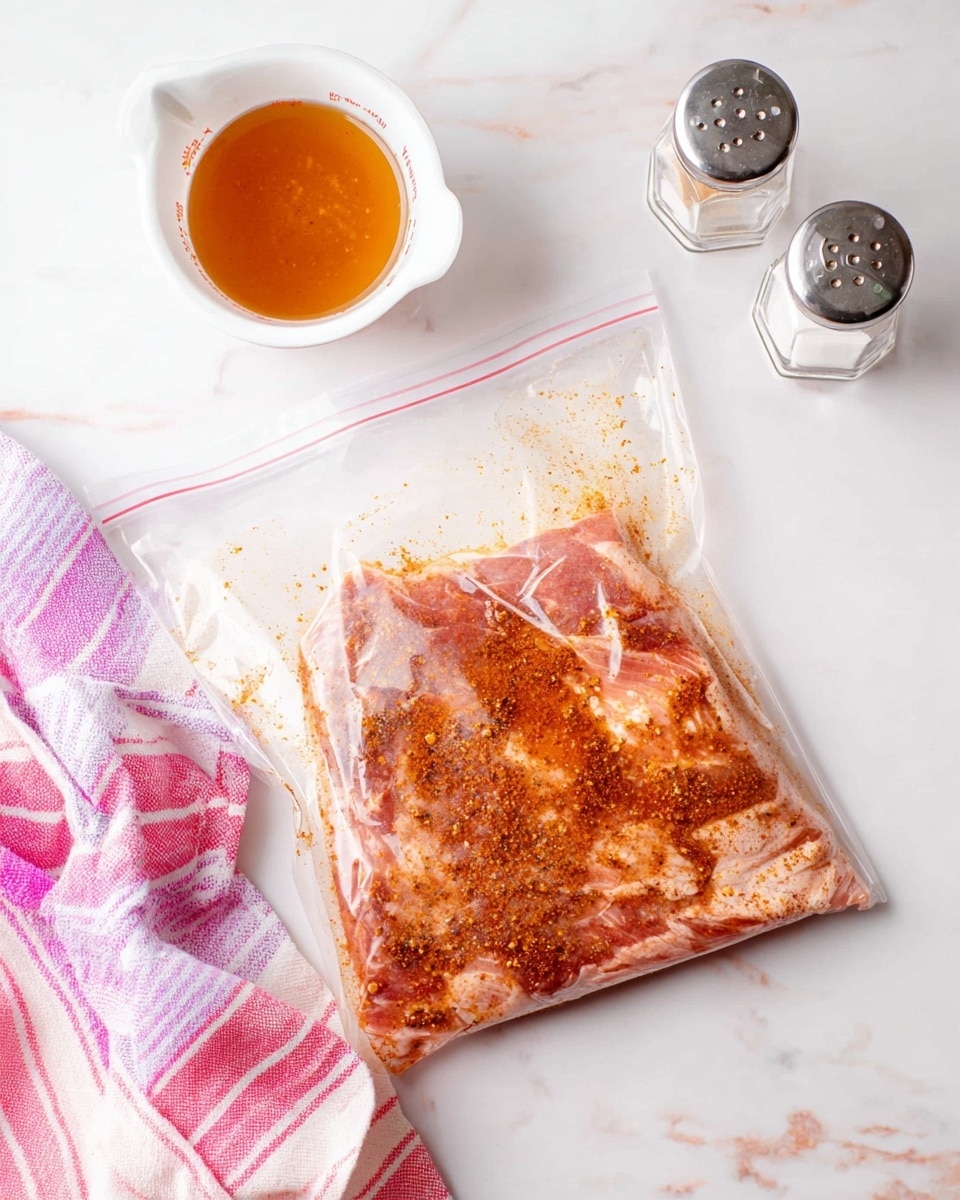 A clear plastic ziplock bag lays flat on a white marbled surface, filled with a single large piece of pale raw meat covered in a reddish-brown spice marinade that is unevenly spread inside the bag. To the left above the bag, there is a small white measuring cup with light brown liquid measured at ½ cup. In the top right corner, there are two small glass salt and pepper shakers with metal tops placed side by side. A pink and white striped cloth is slightly crumpled and positioned at the bottom left corner of the image. Photo taken with an iphone --ar 4:5 --v 7