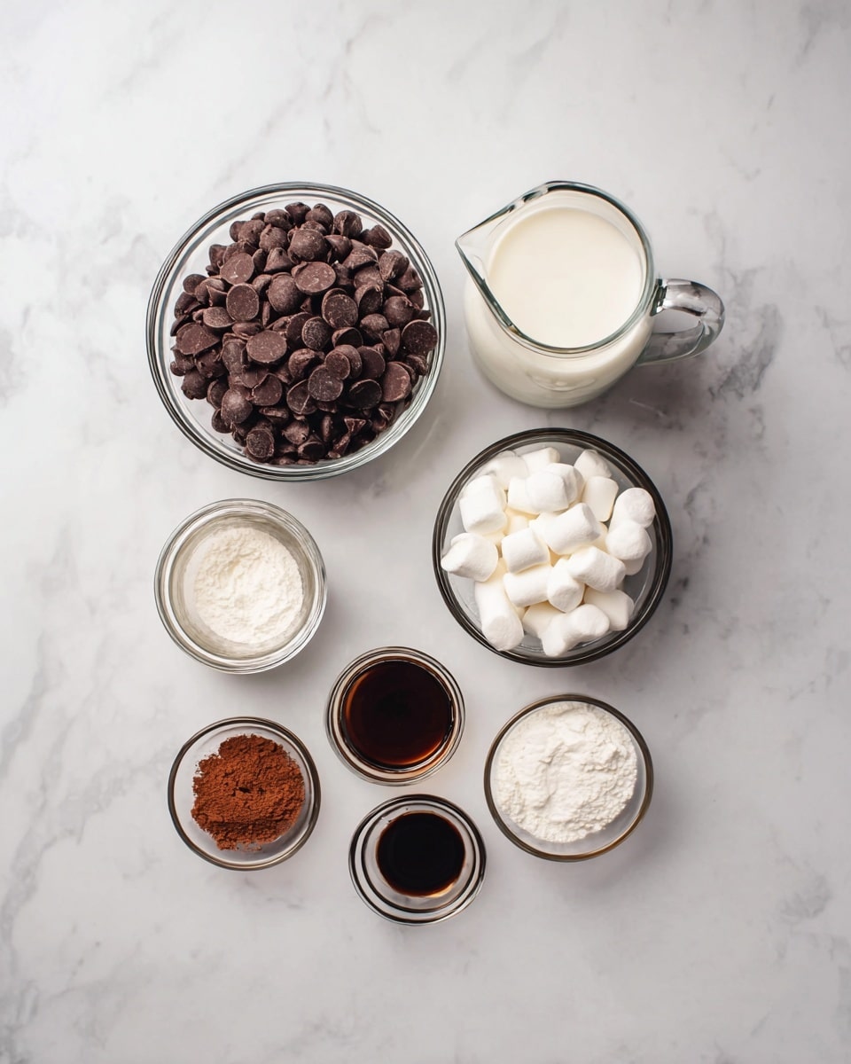 A top view of seven small clear glass bowls and one dark brown small bowl arranged on a white marbled surface. The largest clear glass bowl is filled with dark round chocolate chips. Next to it is a medium clear glass jug with white liquid, likely milk or cream. Below the jug is a smaller clear glass jug with a lighter cream-colored liquid. To the right of this jug is a small clear glass bowl filled with white mini marshmallows. Below the marshmallows is a small dark brown bowl containing a white powder. Below the chocolate chips is a small clear glass bowl with a brown powder, likely cocoa powder. Next to it is a tiny cream-colored bowl holding a dark brown liquid, likely vanilla extract. Below this bowl is a small clear glass bowl with white cream or milk. All items are neatly placed on the white marbled surface. photo taken with an iphone --ar 4:5 --v 7