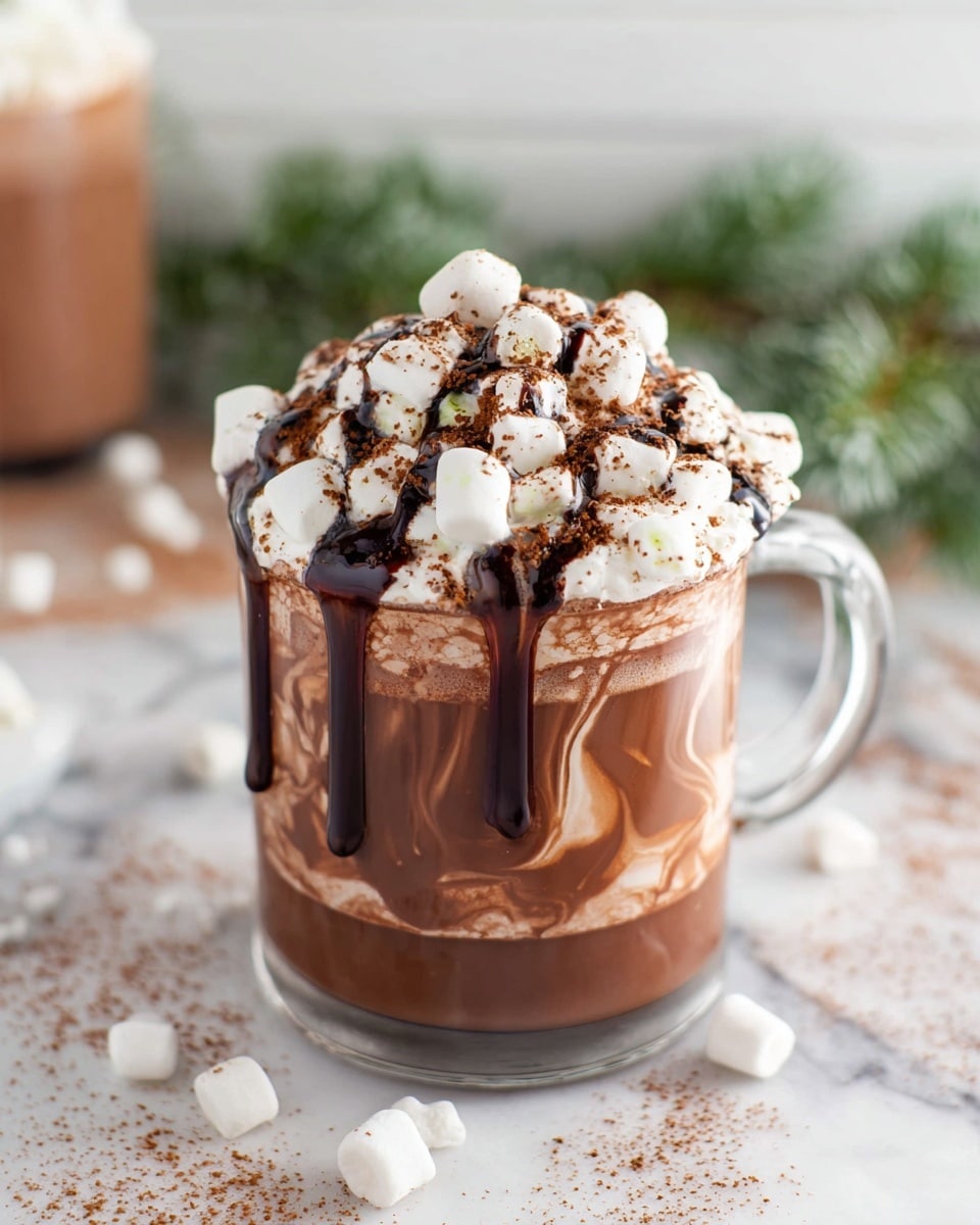 A clear glass mug filled with rich brown hot chocolate that has darker chocolate swirls inside, topped with a layer of melted whipped cream covered by many small white marshmallows sprinkled with cocoa powder and drizzled with dark chocolate sauce that drips slightly down the side. The mug sits on a white marbled surface with scattered mini marshmallows and cocoa powder around it, with a blurred green pine decoration and another mug in the background. photo taken with an iphone --ar 4:5 --v 7