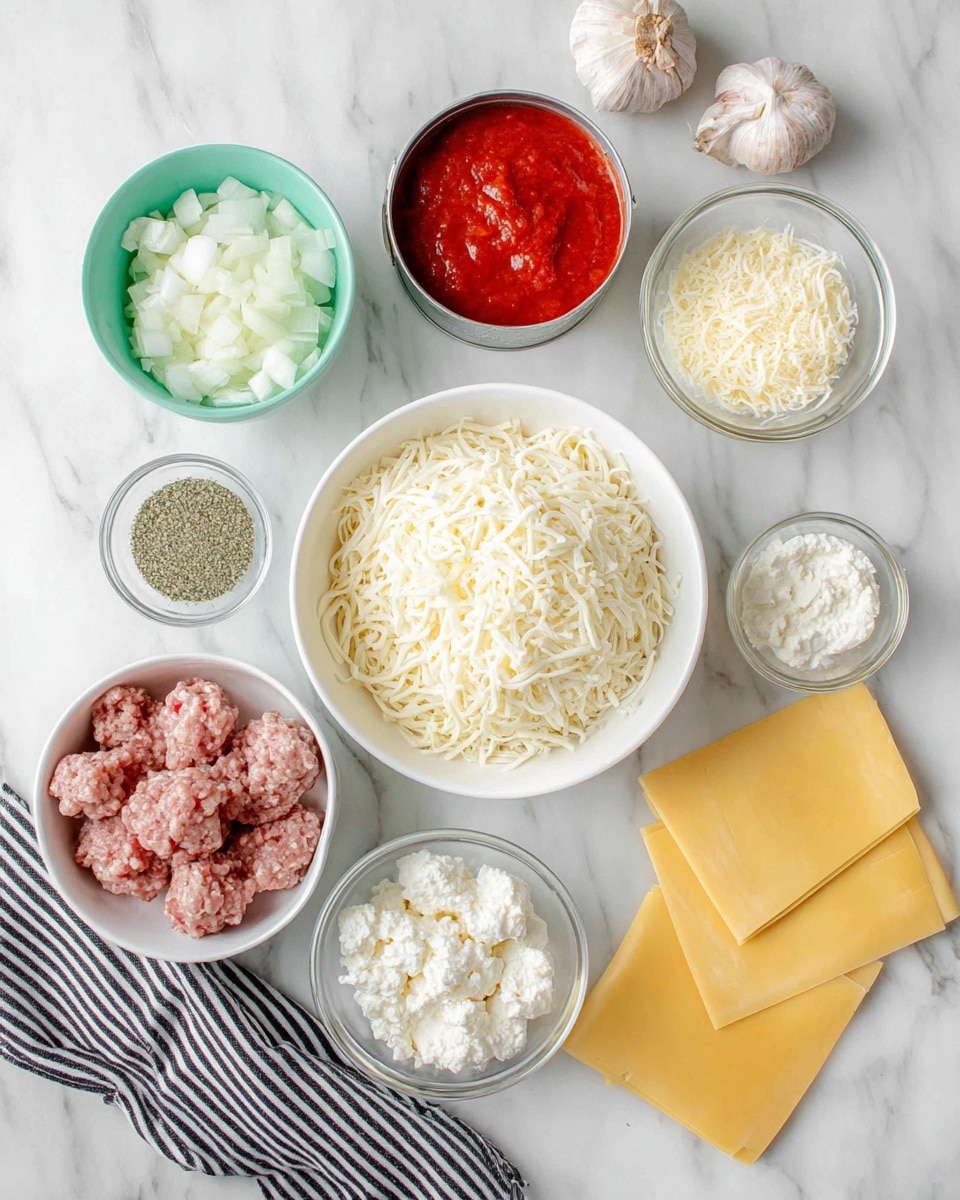 The image shows a top view of ingredients for a dish arranged neatly on a white marbled surface. There is a white bowl filled with shredded mozzarella cheese in the center, surrounded by smaller bowls and containers. To the upper left is a mint green bowl with chopped white onions, next to it is an open tin with red tomato sauce, and to the upper right, a small glass bowl with grated parmesan cheese. On the left side, a white bowl holds dried Italian herbs, and below that, a clear bowl with raw ground meat. To the lower right of the mozzarella are two small glass bowls with cottage cheese and ricotta cheese. Next to them on the right side are two yellow lasagna sheets stacked. Several peeled garlic cloves are placed near the top right. A folded striped black and white cloth lies at the bottom. Photo taken with an iphone --ar 4:5 --v 7