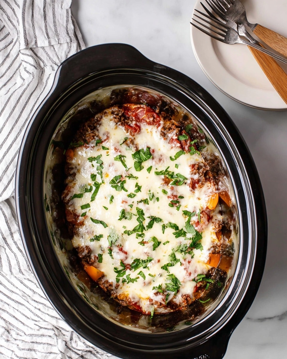 Inside a shiny black slow cooker, a layered dish is visible from above. The top layer is melted white cheese with a smooth, slightly bubbly texture, dotted with small bits of red tomato sauce peeking through. Bright green chopped herbs are sprinkled evenly on top, adding fresh color. Below the cheese, chunks of browned meat and pieces of orange vegetables can be seen mingling together. The slow cooker is placed on a white marbled surface, next to a striped cloth and a wooden spatula. To the upper right, a white plate holds two silver forks. photo taken with an iphone --ar 4:5 --v 7