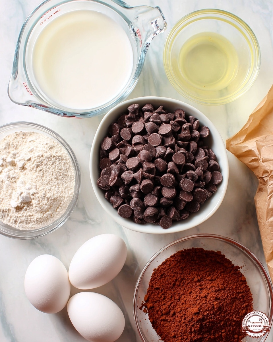 The image shows an arrangement of baking ingredients on a white marbled surface. In the center is a white bowl full of dark brown chocolate chips with a smooth, shiny texture. To the upper left, there is a clear glass measuring cup filled with white liquid, likely milk or cream. Next to it, a translucent white plastic measuring cup holds a clear light yellow liquid. At the bottom left, there is a clear glass bowl with a bag of light brown powdered mix partially inside it. To the right of it are three white eggs placed closely together. On the far right, there is a small brown paper pouch filled with reddish-brown powder, likely cocoa powder. The colors are soft with natural light, and the image has a clean, fresh look. photo taken with an iphone --ar 4:5 --v 7