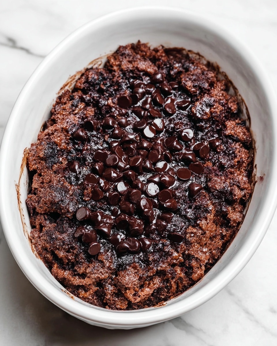 A white oval dish filled with a textured chocolate dessert having multiple rough layers. The bottom layer shows dense, moist chocolate bread soaked in dark chocolate sauce, topped by a thick layer of glossy, melted dark chocolate chips scattered unevenly, some partially melted into the bread. The mixture has a rugged, bumpy surface with deep brown and black tones, and slight shine from the rich chocolate. The dish sits on a white marbled surface. photo taken with an iphone --ar 4:5 --v 7